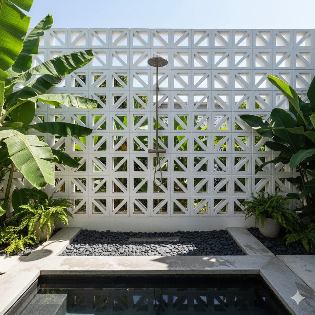 outdoor shower wall design with ventilation blocks